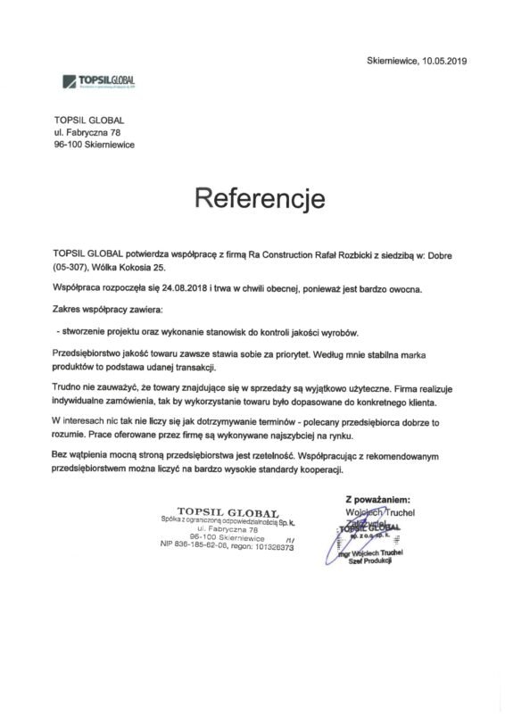 list referencyjny dla RA Construction od Topsil global